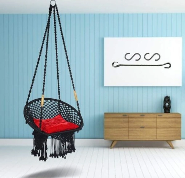 Curio Centre Make in India Round Premium Swing with Polyester Ropes & Mild Steel Frame for Adults & Kids/Indoor Outdoor Hanging Swing Chair with Cushion & Accessories (73 x 81 x 149 cm, White) -  Free Size, Black, Polyester Rope With Iron Frame, Pack Of 1,  Round Shape